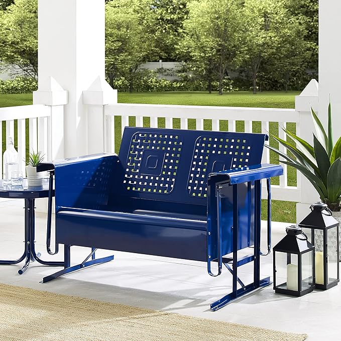 Crosley Furniture Bates Retro Metal Outdoor Loveseat Glider, 2-Person Rocking Patio Bench for Porch, Deck, Navy Gloss - Photo 2