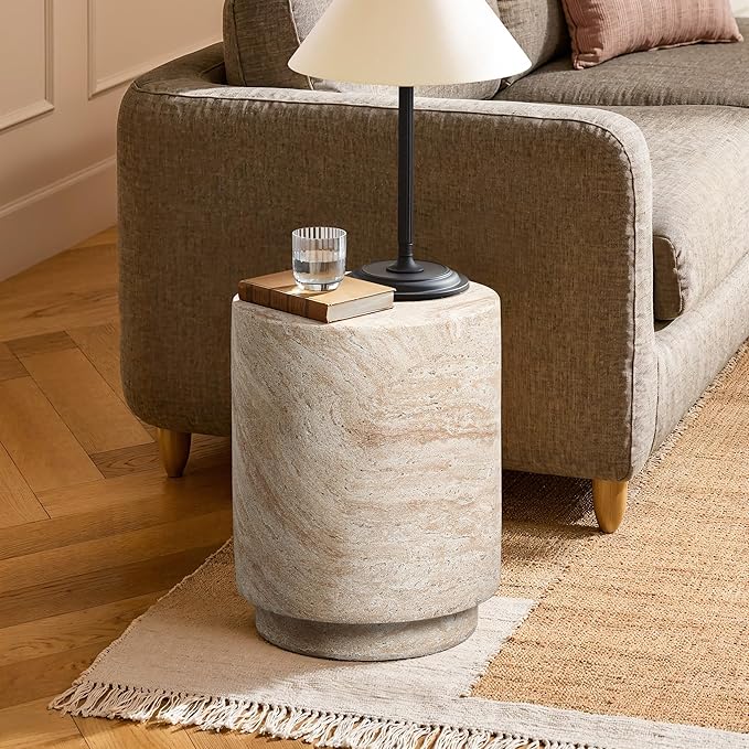 LuxenHome Outdoor Side Table, 18'' Travertine-Style Round Textured Cement Accent End Table, Outdoor Furniture for Patio Balcony Porch, Garden Stool for Backyard Lawn