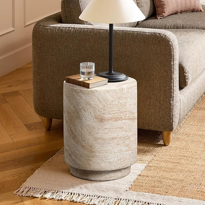 LuxenHome Outdoor Side Table, 18'' Travertine-Style Round Textured Cement Accent End Table, Outdoor Furniture for Patio Balcony Porch, Garden Stool for Backyard Lawn