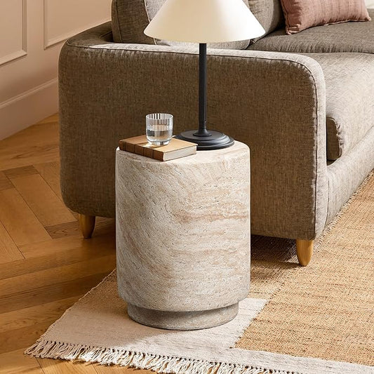 LuxenHome Outdoor Side Table, 18'' Travertine-Style Round Textured Cement Accent End Table, Outdoor Furniture for Patio Balcony Porch, Garden Stool for Backyard Lawn