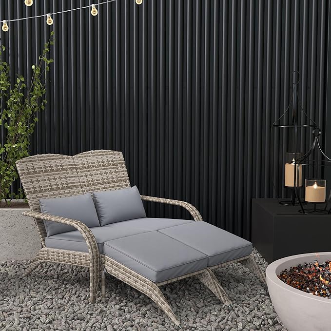 Outsunny Wicker Adirondack Chair for 2 with Cushions & Footrests, PE Rattan Double Chaise Lounge Chair - Photo 2
