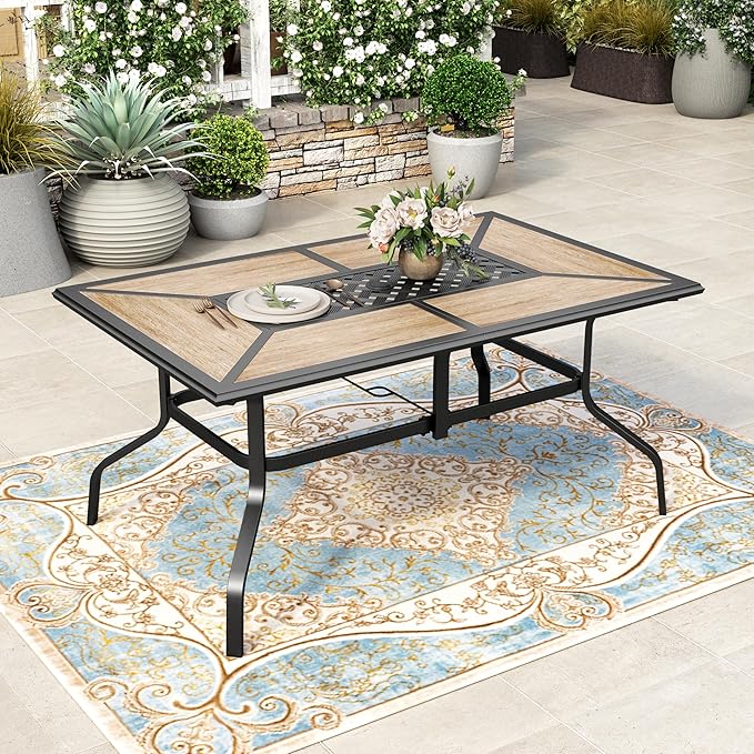 HERA'S HOUSE Patio Dining Table with Umbrella Hole for 6, Rectangle Outdoor Metal Table for Lawn Garden Backyard - Photo 7