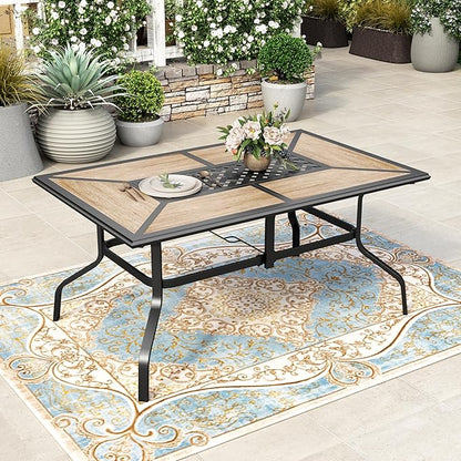 HERA'S HOUSE Patio Dining Table with Umbrella Hole for 6, Rectangle Outdoor Metal Table for Lawn Garden Backyard