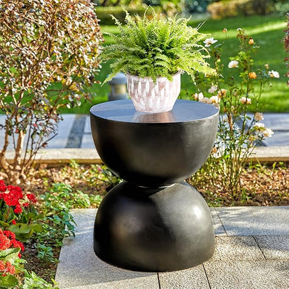 Glitzhome Outdoor Side Table, Round Accent End Table, Lightweight Hourglass Faux Terrazzo Decorative Garden Stool, 17.75" H Black Planter Stand for Patio Porch Balcony Living Room