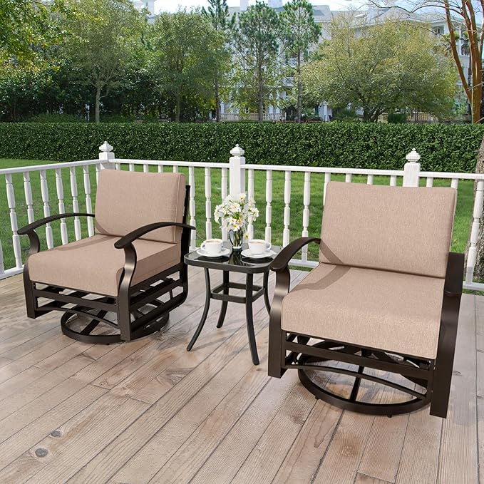 Kurapika 3 Pieces Patio Furniture Set, Outdoor Aluminum Swivel Gliders Rocker, Patio Bistro Set Rocking Chair with Thickened Cushions and Side Table for Porch Garden Deck (Sand)