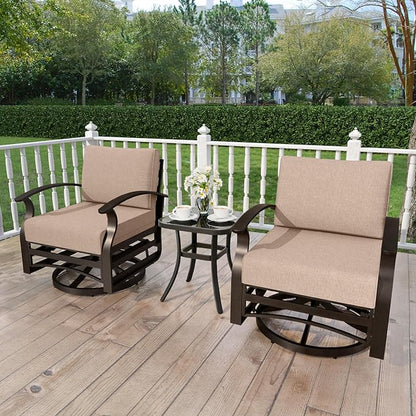 Kurapika 3 Pieces Patio Furniture Set, Outdoor Aluminum Swivel Gliders Rocker, Patio Bistro Set Rocking Chair with Thickened Cushions and Side Table for Porch Garden Deck (Sand)