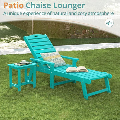 LUE BONA Lounge Chair Outdoor with Table, 2-Piece, HDPS Chaise Lounge Outdoor with Wheels, 5 Positions Adjustable Pool Lounger Chairs for Outside, Patio, Aruba Blue