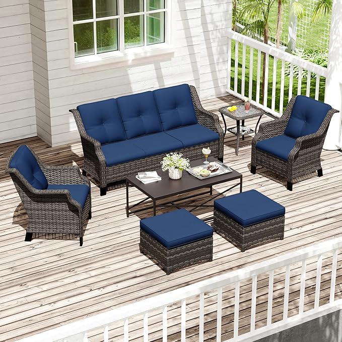 Wicker Patio Furniture Sets, 7 Pieces Outdoor Furniture with Patio Chairs, Outdoor 3-Seater Sofa, Ottoman, Coffee Table - Photo 7