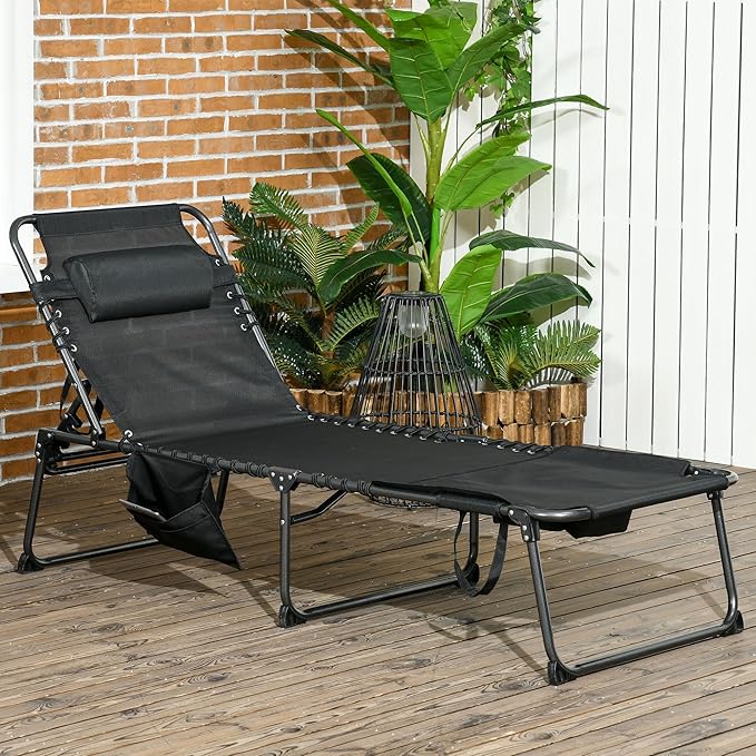 Folding Chaise Lounge Chair,5-Level Adjustable Reclining Back with Reading Face Hole, Outdoor Sun Tanning Chair for - Photo 2