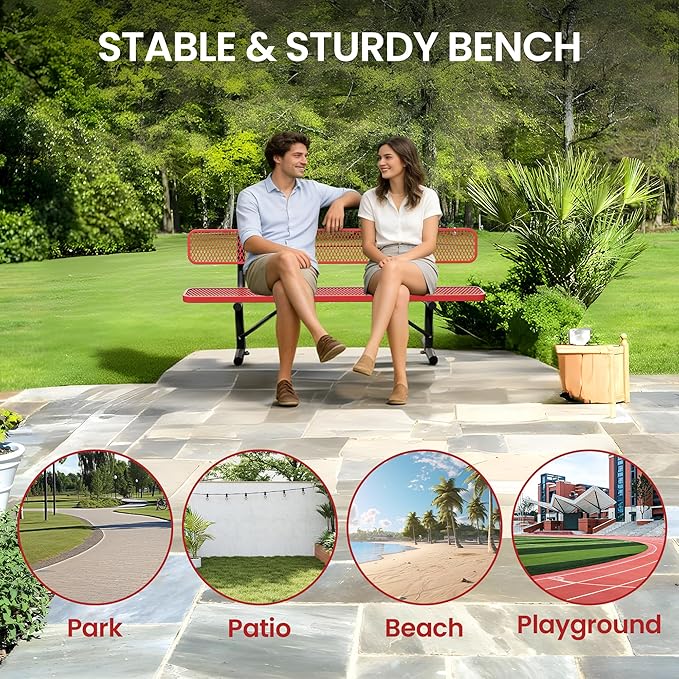 8 Feet Steel Park Bench for Outside, Outdoor Bench with Backrest & Portable Frame, Commercial Benches for Shopping Malls, Stores, Parks, Patios, Decks, Red