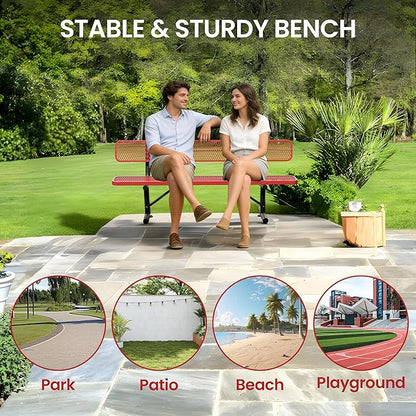8 Feet Steel Park Bench for Outside, Outdoor Bench with Backrest & Portable Frame, Commercial Benches for Shopping Malls, Stores, Parks, Patios, Decks, Red