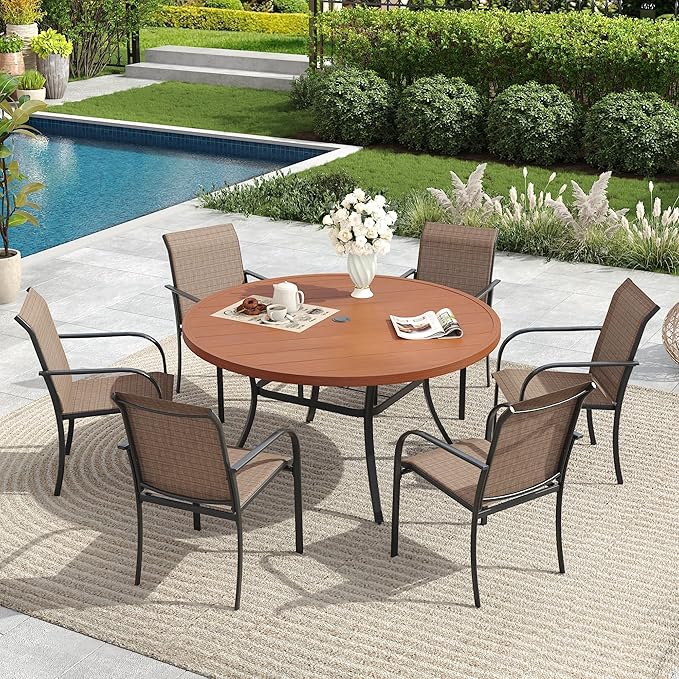 Patio Dining Table for 6-8, Round Metal Outdoor Table with 1.57" Umbrella Hole, 50" Outdoor Slat Tabletop Dining Table for Backyard, Porch, Lawn, Walnut