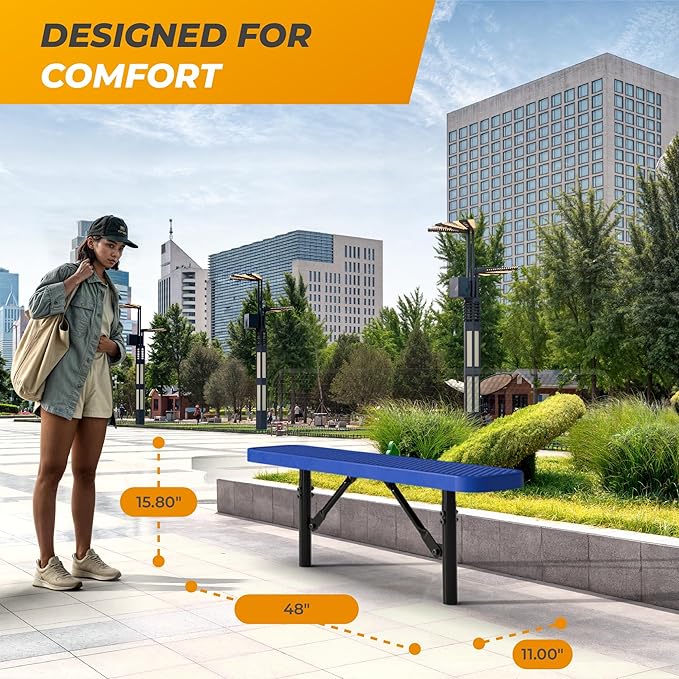 Heavy-Duty Outdoor Metal Bench, Thermoplastic-Coated, Inground, Weatherproof, Commercial-Grade for Parks, Gardens, Patios, Stores & More (4 Ft - Inground, Blue)