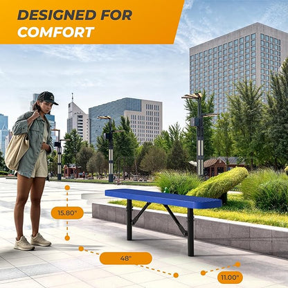 Heavy-Duty Outdoor Metal Bench, Thermoplastic-Coated, Inground, Weatherproof, Commercial-Grade for Parks, Gardens, Patios, Stores & More (4 Ft - Inground, Blue)