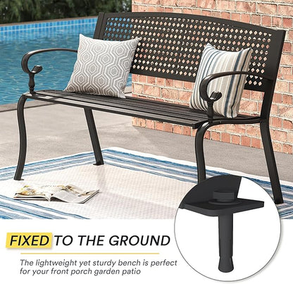VICLLAX Outdoor Garden Bench, 50” Long Metal Patio Bench with Backrest and Armrests, Modern Slatted Black Park Bench for Front Porch, Lawn, Yard, Garden, Square Pattern Back