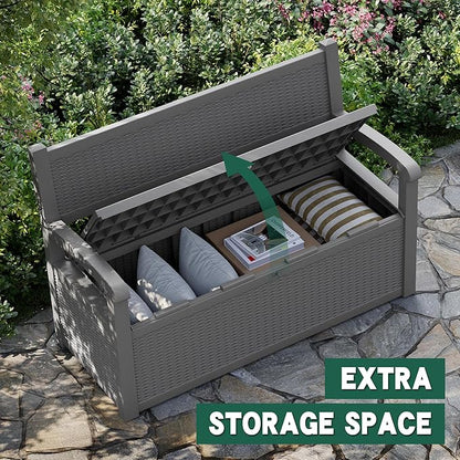 LHBcraft 70 Gallon Outdoor Storage Bench Deck Box Lockable for Patio Furniture, Outdoor Porch Bench with Storage Waterproof for Cushions, Garden Tools and Pool Supplies, Grey