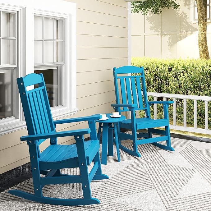 Outdoor Rocking Chairs Set of 2, Oversized High Back Patio Rocking Chairs, All Weather Porch Rocking Chairs for Outside. Pacific Blue