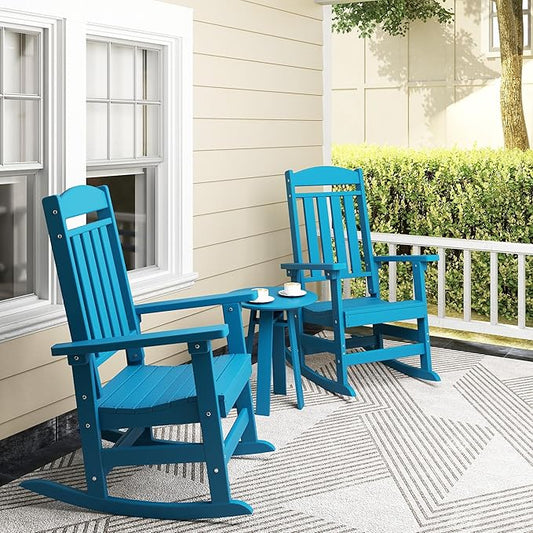 Outdoor Rocking Chairs Set of 8, Oversized High Back Patio Rocking Chairs, All Weather Porch Rocking Chairs for Outside. Pacific Blue