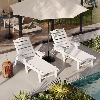 HDPE 5-Position Patio Lounge Chair for Outside Set of 2, HDPE Chaise Lounge Outdoor with Cup Holder, Resin Pool Lounger Chair