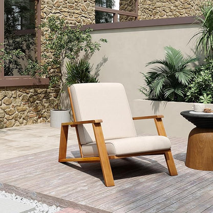 Christopher Knight Home Smeb Lounge Chair Outdoor with Cushions, Acacia Wood Adirondack Chair, Slatted Design Side Chair, Extra Seating for Balcony Backyard Poolside Garden, Teak + Beige