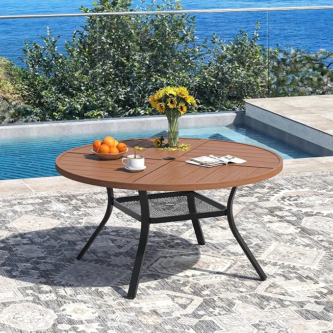 DIFY 47.2" Round Outdoor Patio Dining Table for 6, Metal Patio Table with 1.57" Adjustable Umbrella Hole, All-Weather Outdoor Furniture Table for Garden Backyard Deck, Walnut
