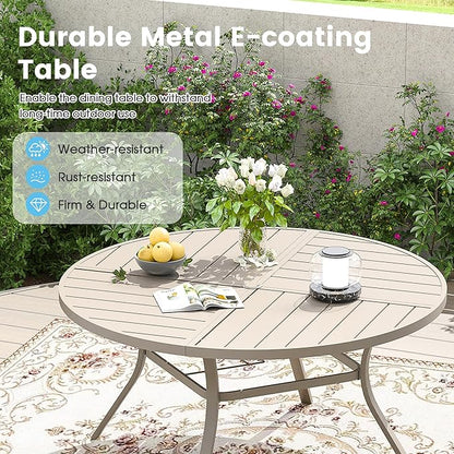 Patio Dining Table for 6-8, Round Metal Outdoor Table with Storage Shelf, 1.57" Umbrella Hole, 53" Outdoor Quartered Tabletop Dining Table for Backyard, Porch, Lawn, Sand
