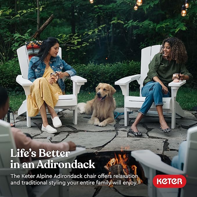 Keter Alpine Adirondack Resin Outdoor Furniture Patio Chairs with Cup Holder-Perfect for Beach, Pool, and Fire Pit Seating, White