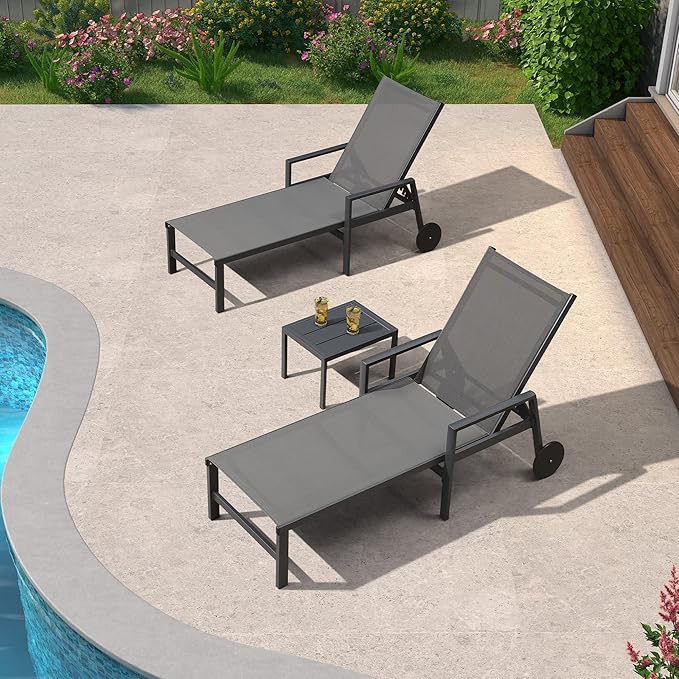 PURPLE LEAF Patio Chaise Lounge 4 Pieces Aluminum Recliner Chair with Wheels and Armrests Lounger for Pool Backyard Grey Outdoor Lounge Chair
