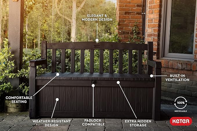 Keter Solana 70 Gallon Storage Bench Deck Box for Patio Furniture, Front Porch Decor and Outdoor Seating – Perfect to Store Garden Tools, Brown/Brown