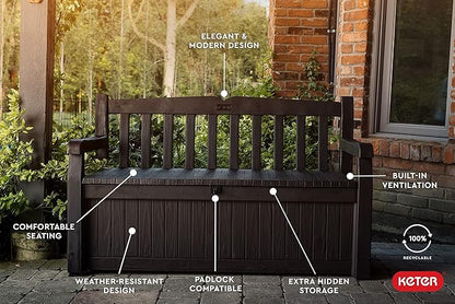 Keter Solana 70 Gallon Storage Bench Deck Box for Patio Furniture, Front Porch Decor and Outdoor Seating – Perfect to Store Garden Tools, Brown/Brown