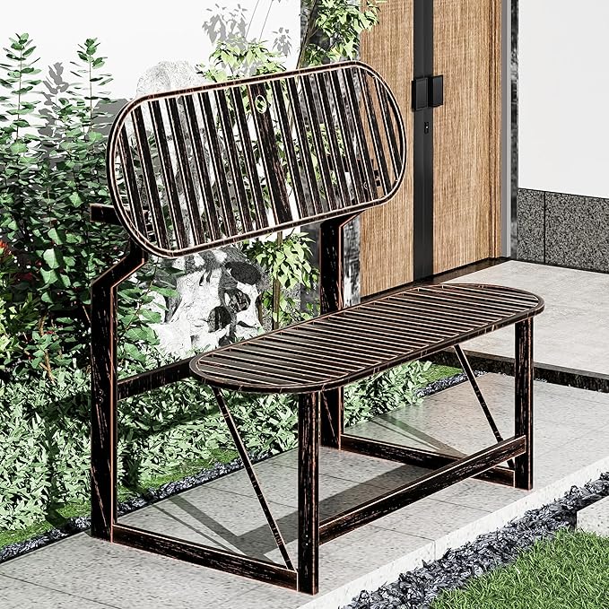 Convertible Bench, 2 in 1 Carbon Steel Picnic Table, Transforming Interchangeable Outdoor Table with Umbrella Hole, for Outside Patio Porch Backyard Park Garden 1 Pack Retro Brown Bench