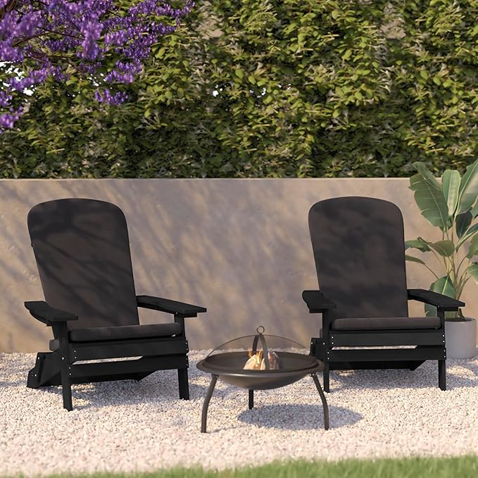 Flash Furniture Charlestown Folding Adirondack Chairs Poly Resin Frame-All-Weather Cushions-Indoor/Outdoor Use, Set of 2, Black/Gray