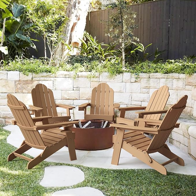LUE BONA Folding Adirondack Chair Set of 5, HDPS Weather Resistant Patio Chair, 350lbs Heavy Duty, One-Step Folding for Balcony Garden, Wood Grain Texture, Outdoor Fire Pit Seating, Brown