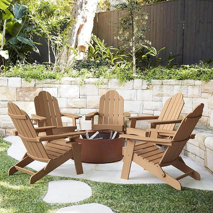 LUE BONA Folding Adirondack Chair Set of 5, HDPS Weather Resistant Patio Chair, 350lbs Heavy Duty, One-Step Folding for Balcony Garden, Wood Grain Texture, Outdoor Fire Pit Seating, Brown
