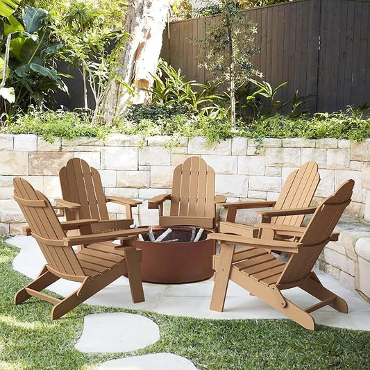 LUE BONA Folding Adirondack Chair Set of 5, HDPS Weather Resistant Patio Chair, 350lbs Heavy Duty, One-Step Folding for Balcony Garden, Wood Grain Texture, Outdoor Fire Pit Seating, Brown