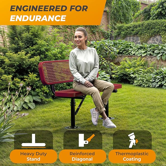 Heavy-Duty Outdoor Metal Bench, Thermoplastic-Coated, Surface, Weatherproof, Commercial-Grade for Parks, Gardens, Patios, Stores & More (4 Ft - Surface with Back, Red)