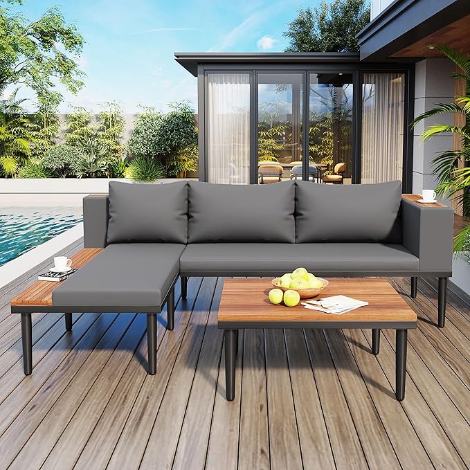 Modern Acacia Wood Patio Furniture Set with Removable Cushions, Coffee Table and Side Table - Photo 2