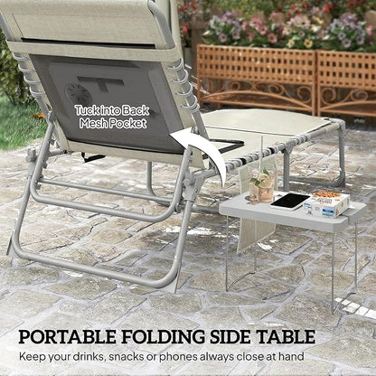 Outsunny Tanning Chair Set of 2 with Face Hole, Side Table, 5-Position Reclining Folding Chaise Lounge Chair Outdoor Lounger Recliner, Carry Straps for Beach Pool Camp, Breathable Mesh, Beige