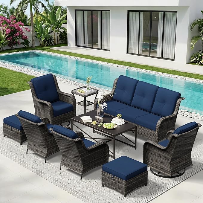 9 Piece Outdoor Wicker Patio Furniture Set, Patio Chairs Set with Thickened Olefin Cushions, High Back and Deep Seating - Photo 9