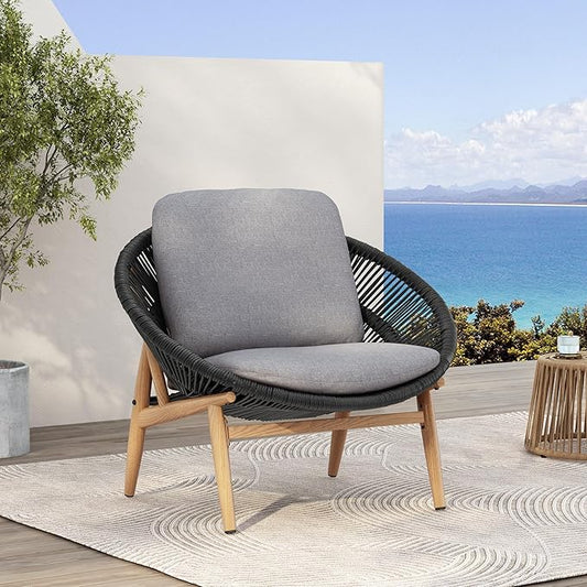 Christopher Knight Home Cyril Outdoor Papasan Chair with Cushion, Wicker Egg Chair with Removable Cushion, PE Wicker Chaise Lounge Chair, Patio Furniture Set for Garden/Backyard, Brown+Dark Grey