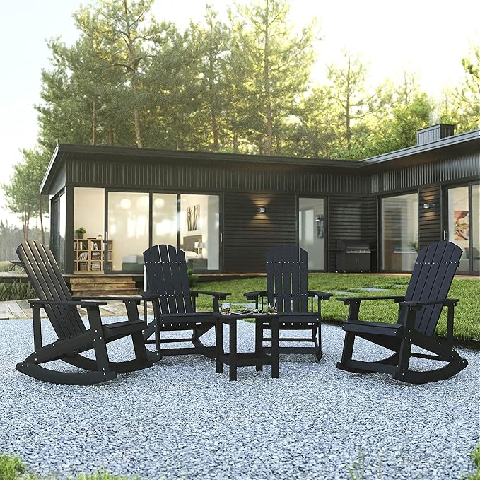 Flash Furniture Set of 4 Savannah Adirondack Rocking Chairs - Commercial Grade All-Weather Black Poly Resin Wood - Photo 2