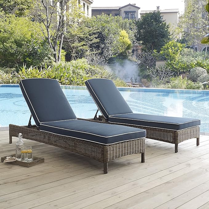Crosley Furniture Bradenton Reclining Wicker Outdoor Chaise Lounge Chair for Patio, Deck, Backyard, Poolside, Brown with Navy Cushions