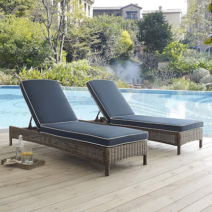 Crosley Furniture Bradenton Reclining Wicker Outdoor Chaise Lounge Chair for Patio, Deck, Backyard, Poolside, Brown with Navy Cushions
