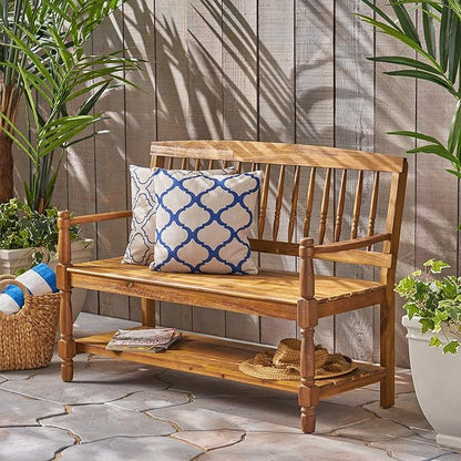 Great Deal Furniture Christopher Knight Home Cody Outdoor Acacia Wood Bench with Shelf, Teak Finish