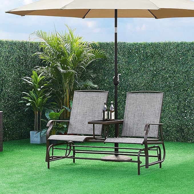 Yaheetech 2-Seat Outdoor Glider with Center Table, Patio Rocking Loveseat with Breathable Mesh Sturdy Metal Frame for Garden Pool Lawn