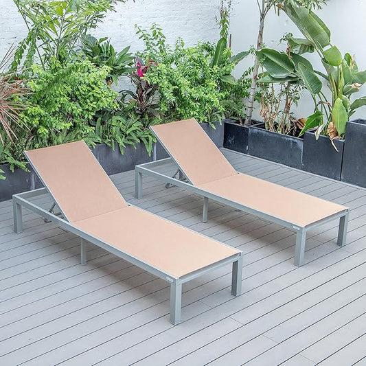 LeisureMod Marlin Aluminum Outdoor Chaise Lounge Chair (Set of 2) - Mesh Sling Fabric Seat Grey Aluminum Frame Beach, Pool Lounge Chair for Modern Patio Lawn, Garden and Backyard (Light Brown)