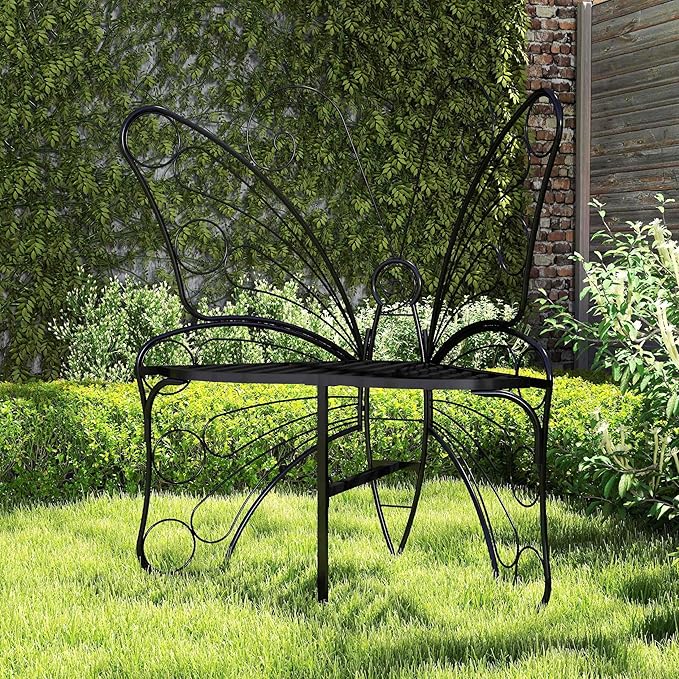 Pink Butterfly Benches Outdoors, Pretty Garden Bench & Cute Metal Outside Bench, Front Porch Benches Outdoor with Sturdy Frame for Lawn Yard Balcony (Black 1)