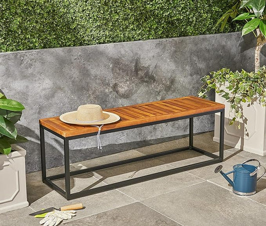 Merax 57 Inch Outdoor Garden Bench, Iron Metal Frame Patio Park Bench with Teak Finish & Slat Seat, Outside Backless Wooden Bench for Front Porch Path Yard Lawn Backyard for 3 Person Seat