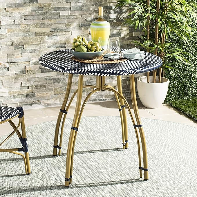Safavieh PAT4011A Outdoor Collection Kylie Navy and White Rattan Bistro Table