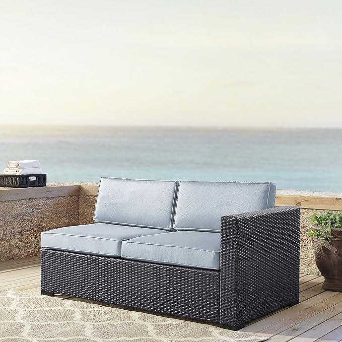 Crosley Furniture Biscayne Outdoor Sectional Loveseat, 2-Person Wicker Patio Couch for Deck, Backyard, Brown with Mist Cushions